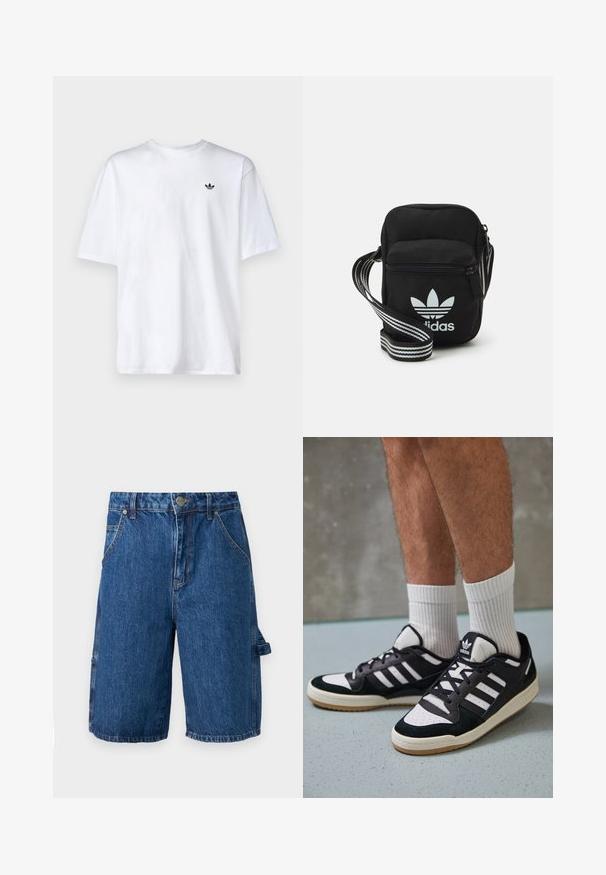 Bijela pamučna majica s okruglim izrezom i kratkim rukavima, s malim crnim Adidas logom na prsima.; Traper kratke hlače u srednje plavoj boji, s visokim strukom, dva prednja džepa i bočnim džepom s trakicom. Glatka tekstura, ležeran dizajn.; Crne i bijele tenisice s gornjim dijelom od antilopa i kože, s tri bijele pruge, perforiranim prstom i gumiranim potplatom.; Crna crossover torba od tkanine sa zatvaračem, sa bijelim Adidas logotipom i prugastim podešivim remenom za lako nošenje.
