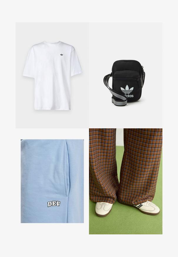 Valkoinen puuvillapaita, jossa on pyöreä pääntie ja lyhyet hihat. Paidassa on pieni musta Adidas-logo rinnassa.; DEF Shortsit - blue; Ruskonsin ja sininen ruutukuvioinen leveälahkeinen housut yhdistettynä valkoisiin kenkiin, joissa on mustia yksityiskohtia ja tekstuuripohjat, vihreää taustaa vasten.; Musta kangas olkalaukku vetoketjulla, jossa on valkoinen Adidas-logo ja raidallinen säädettävä hihna helppoa kantamista varten.