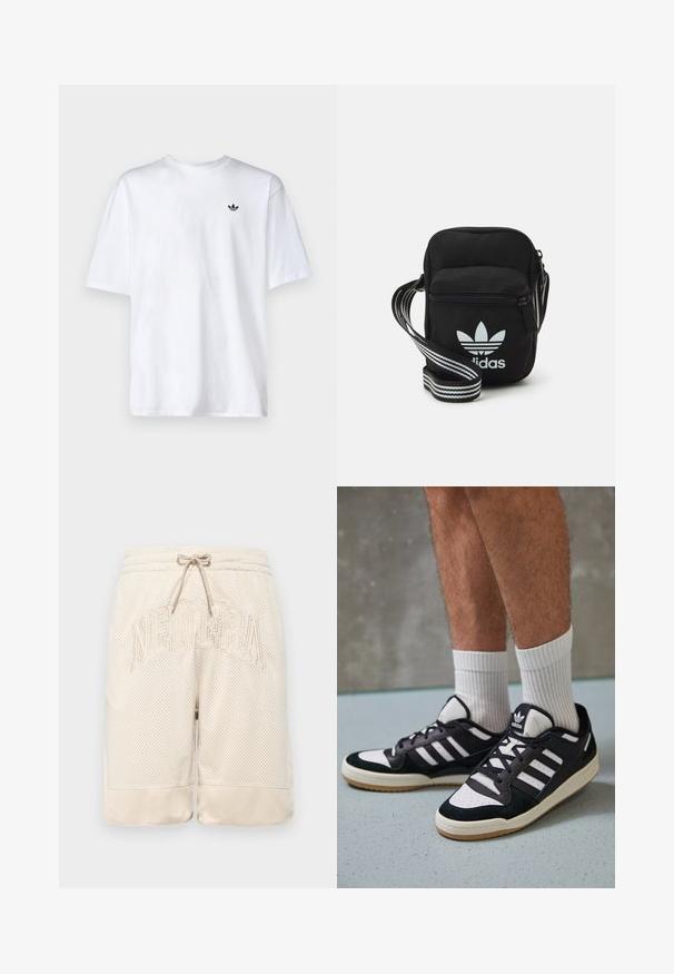 Valge puuvillane T-särk ümmarguse kaelusega ja lühikeste varrukatega, millel on rindkeres väike must Adidas logo.; Beige võrkkangast lühikesed püksid tekstuuriga pinnaga, millel on köitmisega vöökoht ja esiosas silmatorkavalt tikitud "NEWERA" logo.; Mustvalged ja valged spordijalatsid, mille pealmine osa on valmistatud suede'ist ja nahast. Kingadel on kolm valget riba, auguline varvas ja kummist tald.; Mustmust värvi risti koti, millel on tõmblukuga sulgemine, valge Adidas'i logo ja triibuline reguleeritav rihm mugavaks kandmiseks.