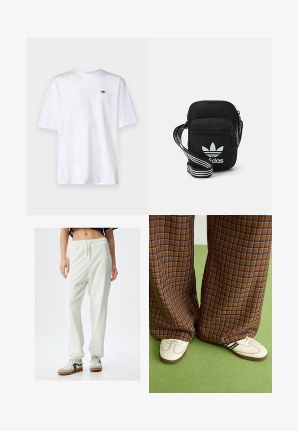 Camiseta blanca de algodón con cuello redondo y mangas cortas, que presenta un pequeño logo negro de Adidas en el pecho.; Pantalones de chándal blancos, holgados, con una cinturilla elástica y puños en los tobillos, hechos de una tela suave. Combinados con zapatillas blancas y grises.; Pantalones de pata de elefante de cuadros marrones y azules combinados con zapatos blancos con detalles en negro y suelas texturizadas, sobre un fondo verde.; Bolso cruzado de tela negra con cierre de cremallera, que presenta un logo blanco de Adidas y una correa ajustable a rayas para un fácil transporte.