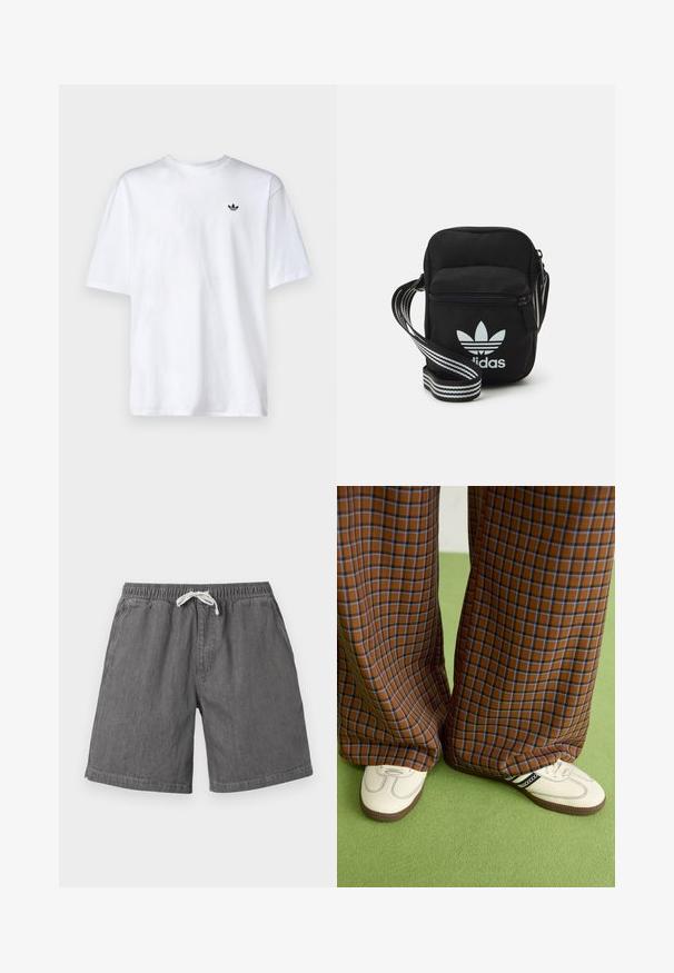Camiseta blanca de algodón con cuello redondo y mangas cortas, que presenta un pequeño logo negro de Adidas en el pecho.; Pantalones cortos de mezclilla gris con cintura ajustable, bolsillos laterales y un corte relajado. Presentan una textura suave y un dobladillo ajustado.; Pantalones de pata de elefante de cuadros marrones y azules combinados con zapatos blancos con detalles en negro y suelas texturizadas, sobre un fondo verde.; Bolso cruzado de tela negra con cierre de cremallera, que presenta un logo blanco de Adidas y una correa ajustable a rayas para un fácil transporte.