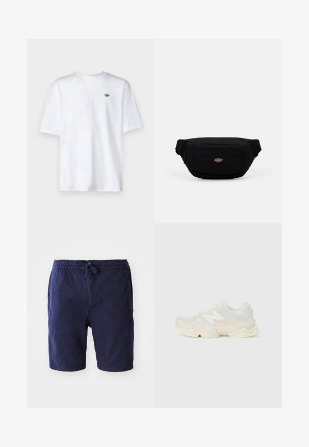 Bela bomba majica iz bombaža s okroglim izrezom in kratkimi rokavi, ki ima na prsih majhen črn Adidas logotip.; Temno modri šortsi z elastičnim pasom in nastavljivo vrvico. Narejeni so iz lahkotnega materiala in imajo ohlapen kroj.; Lahki športni čevlji z zgornjim delom iz mrežastega materiala in antilopa v nežnih kremnih tonih, z debelim podplatom in tridimenzionalnimi poudarki.; Črn materialni fanny pack z zadrgo, ki ima majhen blagovni znak na sprednji strani. Kompakten, zaobljen dizajn z nastavljivimi trakovi.