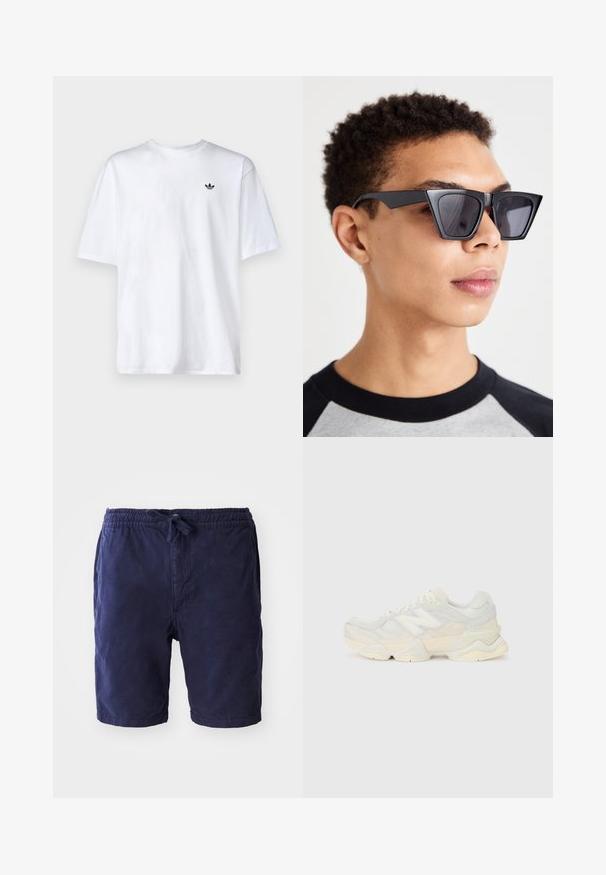 Witte katoenen t-shirt met een ronde halslijn en korte mouwen, met een klein zwart Adidas-logo op de borst.; Marine blauwe shorts met een elastische tailleband en verstelbaar koord. Gemaakt van een lichtgewicht stof en heeft een relaxte pasvorm.; Lichte sneaker met een bovenwerk van mesh en suede in zachte crèmekleuren, met een chunky zool en driedimensionale accenten.; Zwarte hoekige zonnebril met donkere lenzen, met een gedurfd geometrisch ontwerp en een matte afwerking. Draagt een persoon met kort haar.