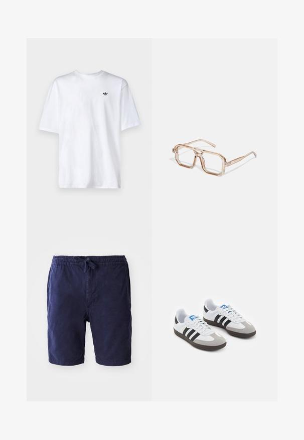 Fehér pamut póló kerek nyakkivágással és rövid ujjakkal, a mellkason egy kis fekete Adidas logóval.; Tengerészkék rövidnadrág rugalmas derékrésszel és állítható húzózsinórral. Könnyű anyagból készült, laza szabással.; Fehér bőr felsőrészes sportcipő, szürke velúrból készült orral és három fekete csíkkal. Jellemzője a kék logó a nyelvén és egy texturált gumitalp.; Átlátszó, hatszögletű szemüveg világosbarna árnyalatokkal; vastag, tiszta keretek és karcsú szárak; látható logók vagy minták nélkül.