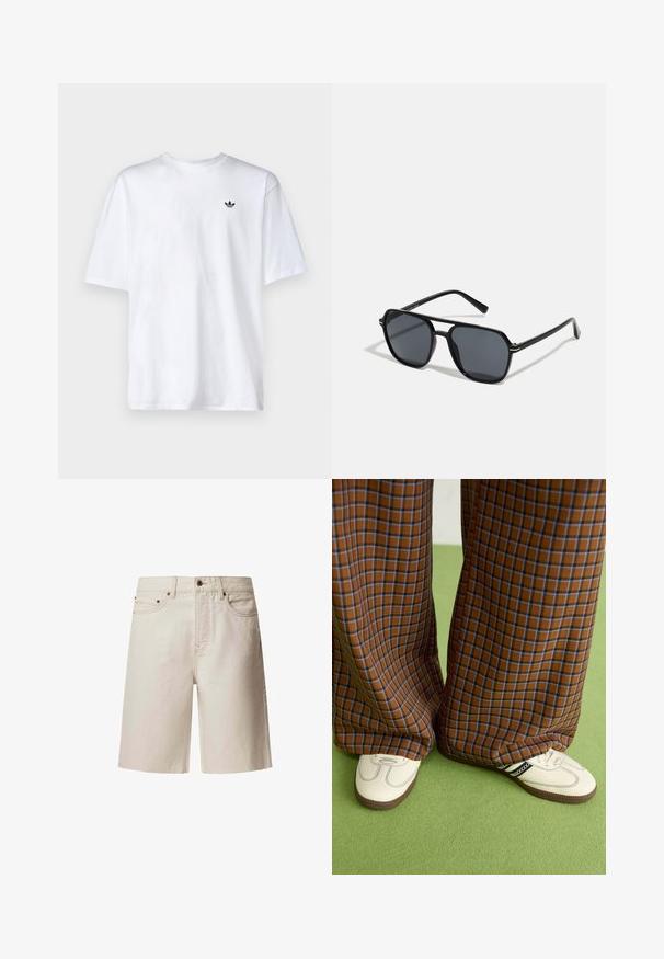 Balta medvilnė marškinėliai su apykakle ir trumpomis rankovėmis, su mažuoju juodu Adidas logotipu krūtinėje.; Šviesiai rudos džinsinio audinio šortai su tiesiu kirpimu, penkios kišenės, viršutinis mygtukas ir diržo kilpos. Lygus paviršius su subtiliais siuvinėjimo elementais.; Rudos ir mėlynos langelinės plačios kelnės, derinamos su baltais batais su juodais akcentais ir tekstūruotais padais, prieš žalią foną.; Juodos akiniai nuo saulės su aštuonkampiu rėmeliu, tamsiais objektyvais, blizgiu paviršiumi, plonomis šakutėmis ir auksinėmis akcentais priekyje.