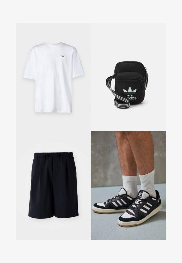 T-shirt bianco in cotone con collo rotondo e maniche corte, con un piccolo logo Adidas nero sul petto.; Pantaloni corti blu navy realizzati in tessuto leggero, con vita elastica e cordoncino, due tasche laterali e taglio dritto.; Sneaker bianco e nero con tomaia in suede e pelle, caratterizzati da tre strisce bianche, punta perforata e suola in gomma naturale.; Borsa a tracolla in tessuto nero con chiusura a zip, caratterizzata da un logo Adidas bianco e una tracolla regolabile a righe per un facile trasporto.