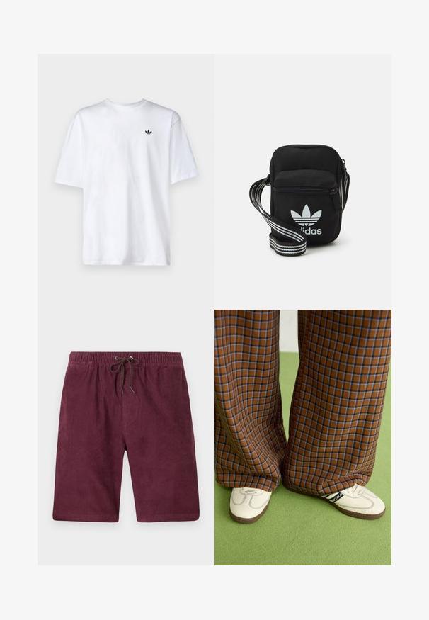 Weißes Baumwoll-T-Shirt mit Rundhalsausschnitt und kurzen Ärmeln, mit einem kleinen schwarzen Adidas-Logo auf der Brust.; Burgunderfarbene Cordshorts mit elastischem Bund und Kordelzug. Mit vertikaler Rippstruktur und normaler Länge.; Braun und blaue Karohosen mit weitem Bein, kombiniert mit weißen Schuhen mit schwarzen Akzenten und strukturierten Sohlen, vor einem grünen Hintergrund.; Schwarze Umhängetasche aus Stoff mit Reißverschluss, ausgestattet mit einem weißen Adidas-Logo und einem gestreiften, verstellbaren Tragegurt für einfachen Transport.