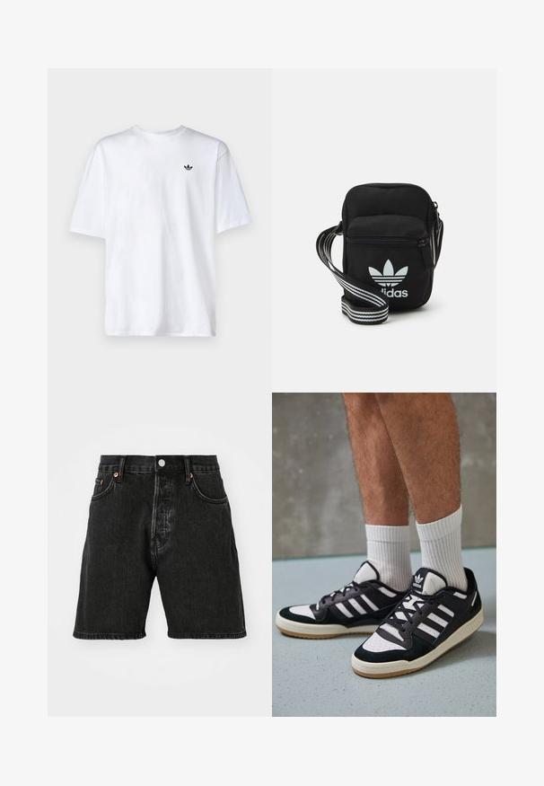 T-shirt en coton blanc avec un col rond et des manches courtes, comportant un petit logo Adidas noir sur la poitrine.; Shorts en denim noir avec une taille haute, un design à cinq poches, des boutons en cuivre et un ourlet brut. Le tissu a une légère texture avec un effet dégradé.; Baskets noir et blanc avec une tige en suède et cuir, comportant trois rayures blanches, un bout perforé et une semelle en caoutchouc gum.; Sac bandoulière noir en tissu avec fermeture éclair, arborant un logo Adidas blanc et une sangle réglable rayée pour un port facile.
