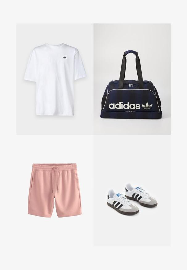 T-shirt bianco in cotone con collo rotondo e maniche corte, con un piccolo logo Adidas nero sul petto.; Pantaloni corti rosa chiaro realizzati in un tessuto morbido, con vita elastica e cordoncino regolabile. Presentano due tasche laterali e una vestibilità rilassata.; Scarpe sportive con tomaia in pelle bianca, punta in suede grigia e tre strisce nere. Presentano un logo blu sulla linguetta e una suola in gomma testurizzata.; Borsa da viaggio navy con logo Adidas bianco, dotata di apertura con zip, due resistenti manici neri e tasche laterali in rete. Tessuto morbido.