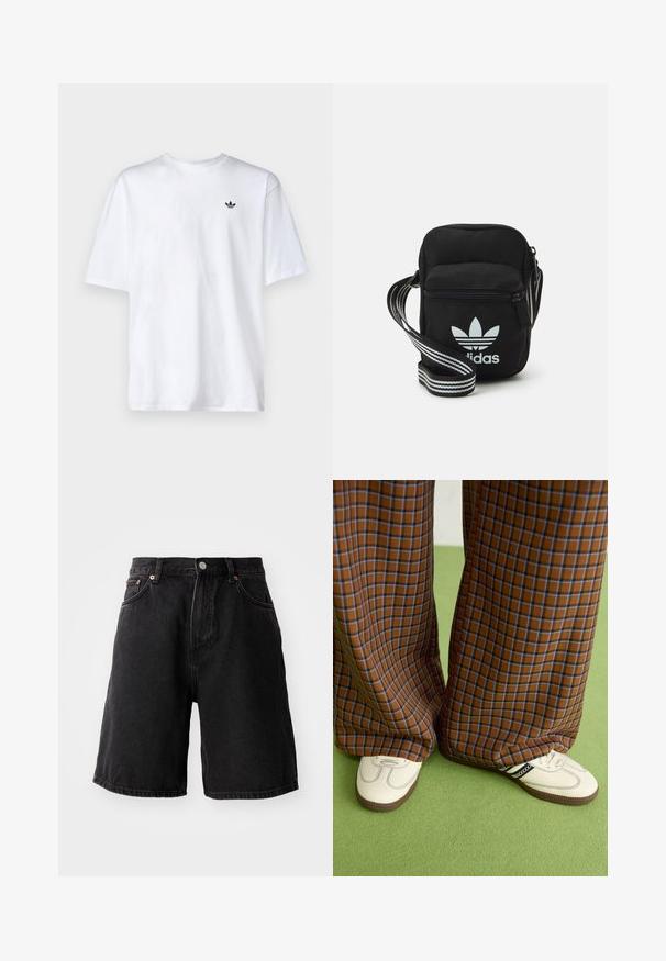 Hvid bomulds T-shirt med rund halsudskæring og korte ærmer, med et lille sort Adidas-logo på brystet.; Sorte denimshorts med løs pasform, udstyret med kobberdetaljer, fem lommer og en lige kant. Stoffet har en blød, struktureret overflade.; Brune og blå ternede brede benbukser parret med hvide sko med sorte accenter og strukturerede såler, sat mod en grøn baggrund.; Sort stof crossbody tas med lynlås, der har et hvidt Adidas-logo og en stribet justerbar rem for nem bæring.
