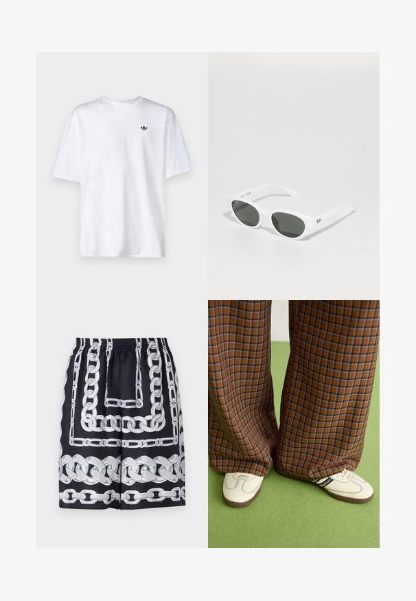 Fehér pamut póló kerek nyakkivágással és rövid ujjakkal, a mellkason egy kis fekete Adidas logóval.; Fekete nadrág rövidnadrág, nagy ezüstlánc mintával, elasztikus derékkal és laza fazonnal, sima anyagból készítve.; Barna és kék kockás, bőrt lábú nadrág, fehér cipővel, fekete részletekkel és texturált talppal, zöld háttér előtt.; Fehér napszemüveg kerek kerettel és sötét lencsékkel. Simább műanyag felülettel és kis logóval a szárán.