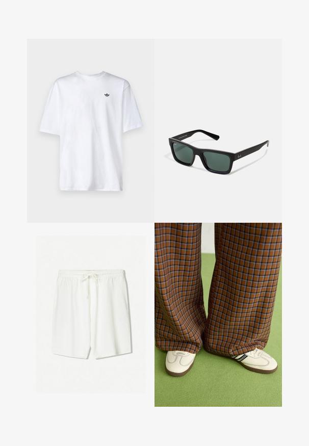 White cotton t-shirt with a round neckline and short sleeves, featuring a small black Adidas logo on the chest.; White athletic shorts made of lightweight fabric, featuring an elastic waistband with a drawstring and side pockets. Smooth texture.; Brown and blue plaid wide-leg trousers paired with white shoes featuring black accents and textured soles, set against a green background.; Black rectangular sunglasses with green lenses, featuring a matte finish, straight temples, and the Ray-Ban logo on the side.