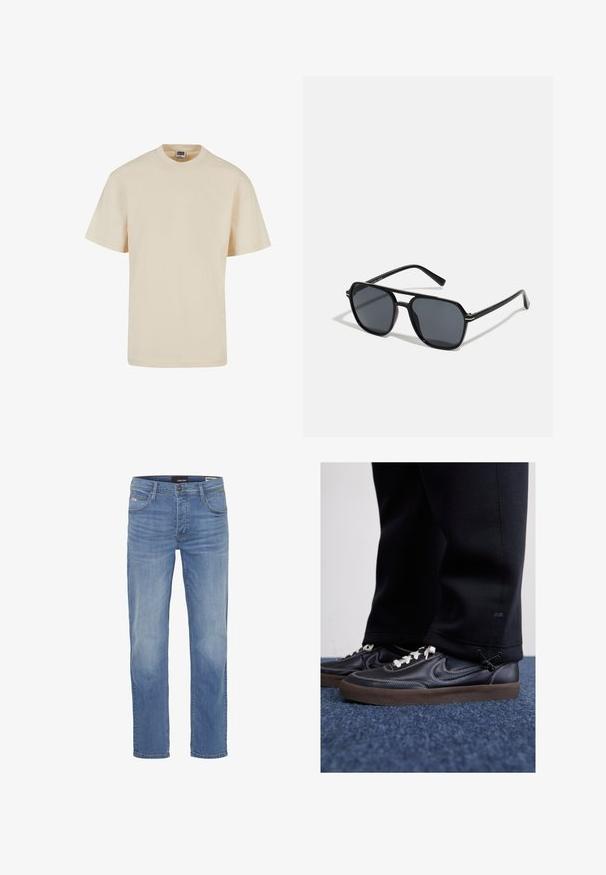 Beige puuvillane T-särk ümara kaelusega ja lühikeste varrukatega, millel on lõdva istuvuse ja minimaalse õmbluse detailid. Hästi sobiv igapäevaseks ja mitmekesiseks kandmiseks.; Heled sinise denimi teksad, mis on otse lõikega, viie-tasku disaini ja õrnade kulumismärkidega säärtes. Kootud kangas, millel on vastupidav tekstuur.; Nike Sportswear KILLSHOT 2 LTR PRM OPP2 - Tossud - black sail baroque brown mtlc dk grey; Mustad mustad prillid oktaalpäistega, tumedad läätsed, läikiv viimistlus, õhukesed templid ja kuldsed aktsendid ees.