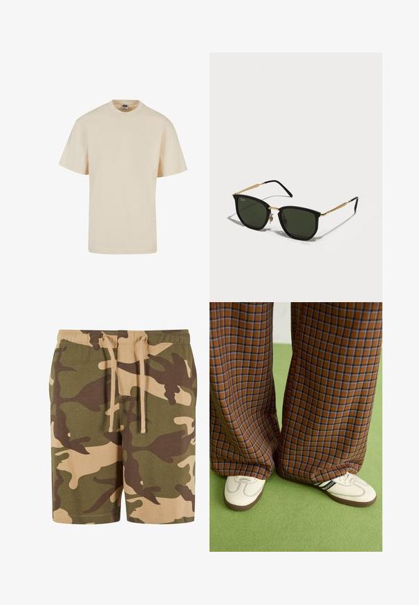 Bežs kokvilnas T-krekls ar apaļu kakla izgriezumu un īsām piedurknēm, ar brīvu piegriezumu un minimālām šuvju detaļām. Ikdienišķs un daudzpusīgs dizains.; Kādas īss bikses no kokvilnas maisījuma ar zaļiem, brūniem un smilškrāsas rakstiem. Aprīkotas ar elastīgu jostu un aukliņu. Ikdienas piegriezums un līdz ceļgaliem garums.; Brūni un zili rūtaini platās kājas bikses, kas savienotas ar baltām kurpēm ar melniem akcentiem un teksturētām zolēm, uz zaļa fona.; Melni kaķa acs saulesbrilles ar zaļajiem stikliem, zeltainiem metāla akcentiem un slaidām melnām kājām. Strukturēta rāmis ar izteiksmīgu ģeometrisku dizainu.