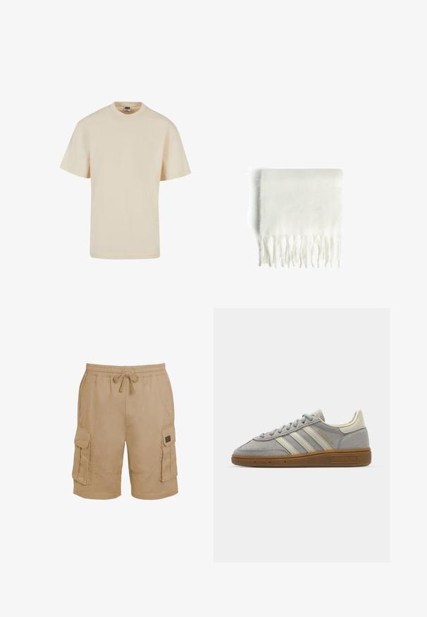 Beige Baumwoll-T-Shirt mit Rundhalsausschnitt und kurzen Ärmeln, das einen lockeren Schnitt und minimale Nahtdetails aufweist. Lässiges und vielseitiges Design.; Beige Baumwoll-Cargo-Shorts mit einem elastischen Taillenbund, Kordelzug und mehreren Seitentaschen. Strukturiertes Material mit genähten Akzenten.; Graue Wildledersneaker mit hellgrauen Lederstreifen und einer Sohle aus Gummi. Zu den Merkmalen gehören eine Schnürung und dezente Markenkennzeichnung auf der Zunge.; Weiße Fleece-Schal mit fransigen Kanten, weicher Textur und rechteckiger Form. Eignet sich zum Schichten und bietet Wärme.