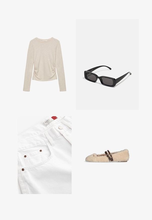 Top beige a maniche lunghe con scollatura rotonda e dettagli arricciati ai lati, realizzato in un morbido tessuto testurizzato.; Shorts in denim bianco con design a vita media, stile a cinque tasche e dettagli in metallo color rame. Tessuto testurizzato con cuciture decorative.; Scarpa piatta beige morbida con due cinturini regolabili marrone scuro sopra e un piccolo emblema dorato vicino alla punta.; Occhiali da sole neri rettangolari con lenti scure, finitura lucida, aste larghe e design della montatura spessa. Nome del marchio inciso su un'asta.