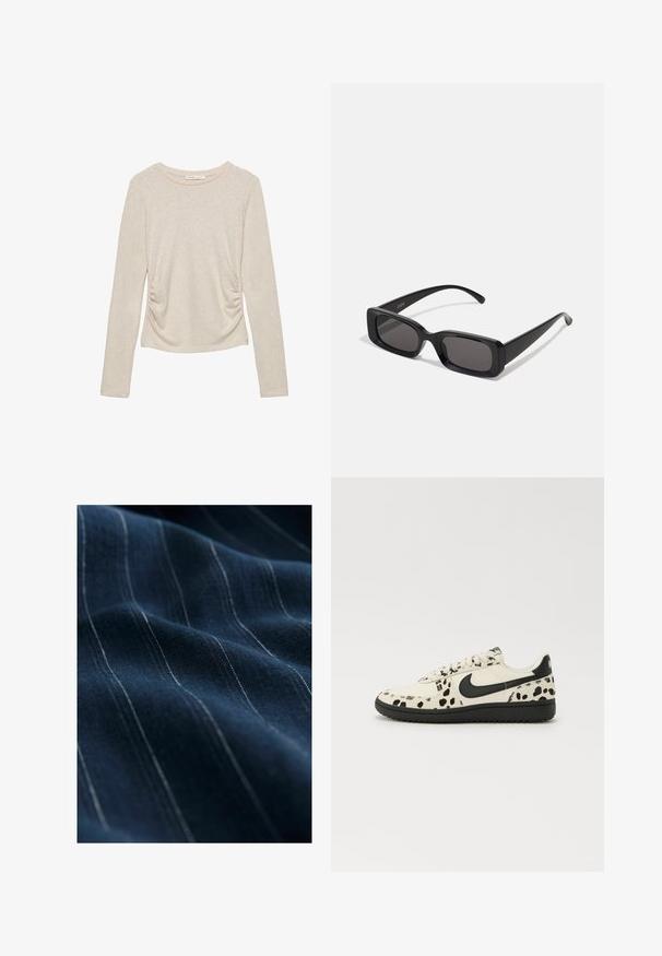 Beige hosszú ujjú felső, kerek nyakkivágással és oldalsó redőzéssel, puha, texturált anyagból készült.; Tengerészkék anyag finom fehér függőleges csíkokkal, sima textúrával és enyhe fényességgel, összehajtva, hogy kiemelje a redőzöttséget és a puhaságot.; Fehér sportcipő fekete foltos mintával, fekete Nike logóval, lapos fűzőkkel és fekete gumitalppal. Klasszikus alacsony fazon.; Fekete, téglalap alakú napszemüveg sötét lencsékkel, fényes felülettel, széles szárakkal és masszív keret designnal. Az egyik szárra gravírozott márkanevével.