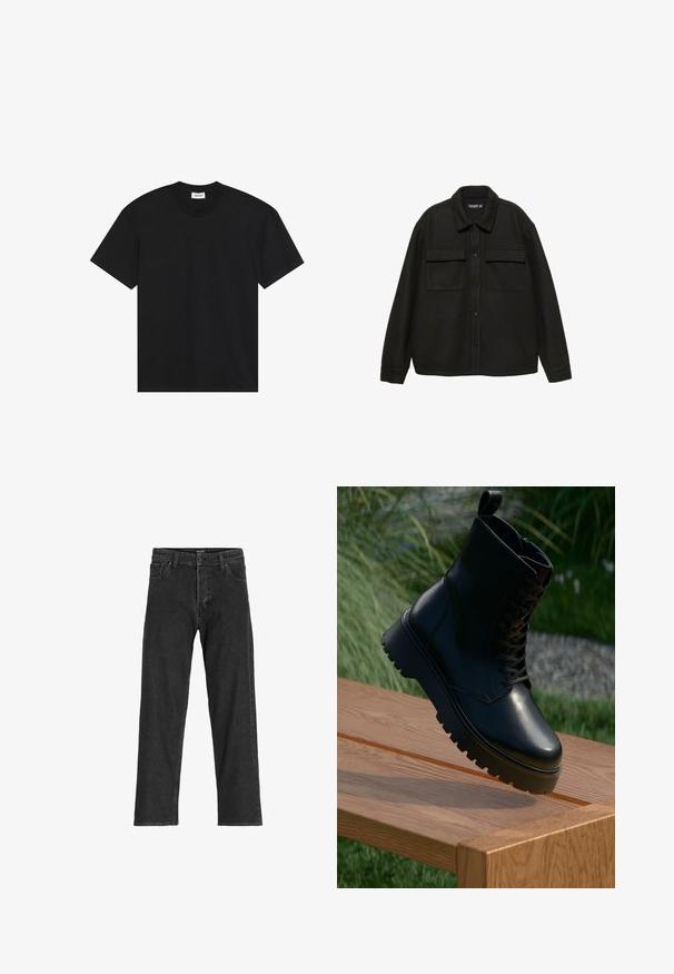Sort kortærmet t-shirt lavet af bomuld. Har en klassisk crew neckline og en afslappet pasform uden synlige mønstre eller detaljer.; Sort uld-blanding skjortejakke med krave, knaplukning og to brystlommer. Har lange ærmer og en afslappet pasform.; Sorte denim jeans med lige ben-design, som har lynlås, bæltestropper og seks lommer, lavet af et robust bomuldsblandingsstof.; Sort læder ankelstøvle med tekstureret overflade, snørebånd foran og kraftig, ribbet sål. Vist på en træoverflade med græsbaggrund.