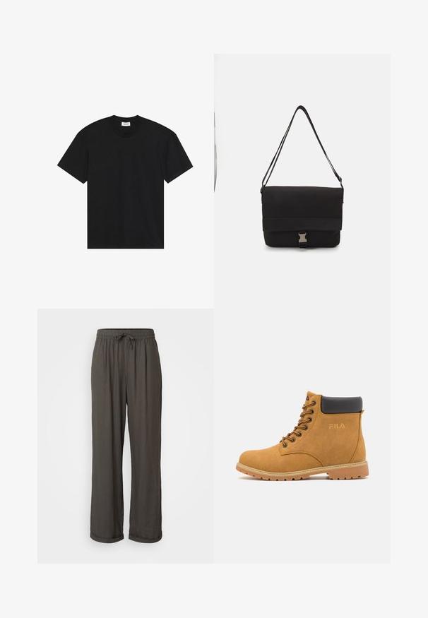 Black short-sleeve t-shirt made of cotton. Features a classic crew neckline and a relaxed fit with no visible patterns or accents.; Dark gray wide-leg pants with a drawstring waist, made of a soft, textured fabric, featuring rolled cuffs at the ankles.; Tan suede ankle boots with a black padded collar, metal eyelets, and textured rubber sole. Features embossed logo on the side.; Black messenger bag made of smooth material, featuring a fold-over flap, silver clasp hardware, and an adjustable shoulder strap.; Three gold rings: a square-shaped ring with a small stone, a textured band with ridges, and a smooth, polished band with two grooves.