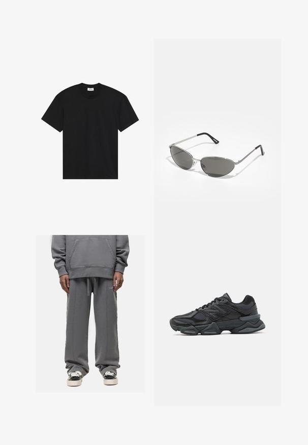 Schwarzes T-Shirt mit kurzen Ärmeln aus Baumwolle. Verfügt über einen klassischen Rundhalsausschnitt und eine lockere Passform ohne sichtbare Muster oder Akzente.; Grauer Sweatshirt mit einer Kängurutasche und locker sitzenden grauen Jogginghosen. Beide haben eine weiche Textur und sichtbare Nähte.; Schwarzer Laufschuh mit einer Mischung aus Mesh- und sinthetischen Materialien, dicke Sohle, geschwungenes Design und auffälliger Markenkennzeichnung an der Seite.; Sonnenbrille mit einem schlanken, silbernen Metallrahmen, grauen getönten Gläsern und einem aerodynamischen Design mit spitzen Kanten und dünnen Bügeln.