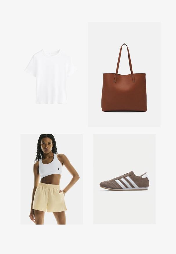 Biała bawełniana koszulka, krótki rękaw, okrągły dekolt, luźny krój, gładka faktura, bez wzorów ani akcentów, prosty fason, uniwersalny styl.; Biały stanik sportowy i jasne żółte szorty z elastycznym pasem, gładką powierzchnią i luźnym krojem z bocznymi kieszeniami.; Brązowy zamszowy but sportowy z białymi paskami, okrągłym noskiem, sznurowanym zapięciem i podeszwą z gumy. Teksturowana cholewka z detalami przeszycia.; Brązowa skórzana torba tote o gładkiej fakturze, z otwartym wierzchem i dwoma ramiączkami. Charakteryzuje się minimalnym przeszyciem i brakiem widocznych elementów metalowych.