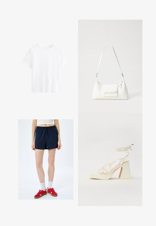 T-shirt en coton blanc, à manches courtes, col rond, coupe décontractée, texture lisse, sans motifs ni accents, design simple, style polyvalent.; Shorts bleu marine avec une taille élastique et un cordon de serrage ; fabriqués en tissu doux avec une texture lisse, présentant des coutures latérales et une coupe décontractée.; Sandale blanche à talons hauts avec un talon épais, présentant un design à lanières et un lien autour de la cheville. Texture lisse avec une plateforme à l'avant pour une hauteur supplémentaire.; Sac à main synthétique blanc en forme triangulaire, avec un rabat avant plat et un détail en nœud, une bandoulière ajustable, une texture lisse et un design minimaliste.