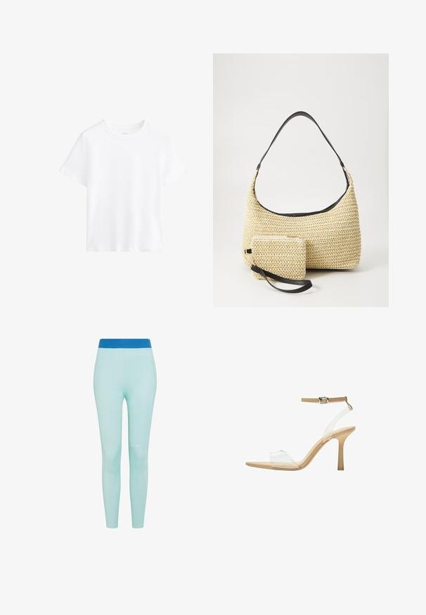 Fehér pamut póló, rövid ujjú, kerek nyakkivágású, laza szabású, sima textúrájú, minták és díszítések nélkül, egyszerű dizájn, sokoldalú stílus.; Világoskék leggings sima textúrával és testhezálló kialakítással. Kontrasztos kék derékpánttal rendelkezik. Nincsenek látható minták vagy díszítések.; Átlátszó felsőrészű, áttetsző sarkú szandál, bézs talpbetéttel és vékony bokapánttal. Hegyes orral és vékony, magas sarokkal rendelkezik.; Fonott szalmakézi táska ívelt sziluettel, sima fekete bőrszíjjal és egy hozzá illő, csuklószíjjal rögzített kis tasakkal.