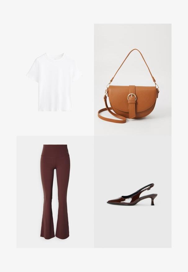 T-shirt bianco in cotone, maniche corte, scollatura rotonda, vestibilità comoda, texture liscia, senza fantasie o dettagli, design semplice, stile versatile.; Leggings a zampa di elefante bordeaux con vita alta e tessuto morbido ed elastico. Presenta un piccolo logo blu sul lato sinistro superiore.; Scarpa slingback in pelle verniciata marrone con punta affusolata e tacco moderato. Presenta una fascia con fibbia per una calzata sicura. Tessuto liscio.; Borsa a tracolla in pelle marrone con forma curvata, hardware dorato e un dettaglio con fibbia. Presenta una tracolla rimovibile.