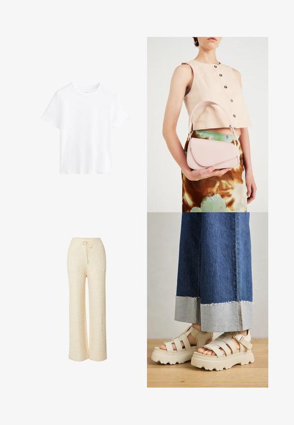 Weißes Baumwoll-T-Shirt, kurze Ärmel, runder Halsausschnitt, lockere Passform, glatte Textur, keine Muster oder Akzente, schlichtes Design, vielseitiger Stil.; Cremefarbene Loungehosen im Cable-Knit-Stil mit lässiger Passform, elastischem Bund und Kordelzug. Weicher Stoff und weit geschnittenes Design.; Beige Plattform-Sandalen mit dicken Sohlen verfügen über ein Riemchen-Design und verstellbare Knöchelriemen. Getragen zu weit geschnittenen Denim-Hosen, ist ein Saum ausgefranst.; Rosa Lederhandtasche mit gewölbtem Deckel, einem Schulterriemen und klaren Linien. Die Tasche zeigt eine glatte Textur und ein minimalistisches Design.