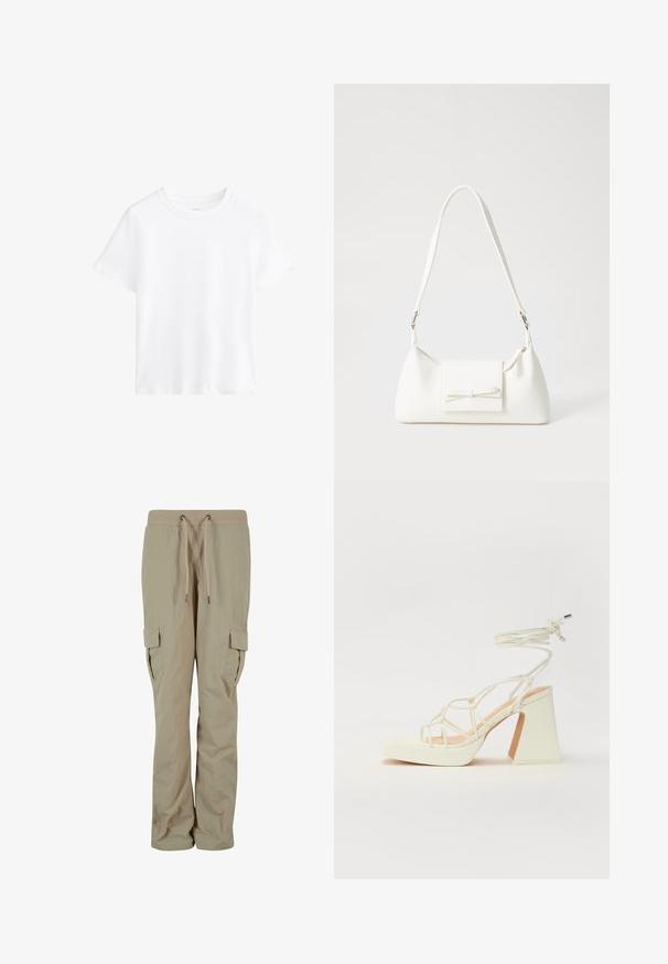 Valkoinen puuvillapaita, lyhyet hihat, pyöreä kaula-aukko, rento istuvuus, sileä rakenne, ilman kuvioita tai yksityiskohtia, yksinkertainen muotoilu, monikäyttöinen tyyli.; Beige cargo-housut kevyestä kankaasta, joissa on verkkonauhallinen vyötärö, sivutaskut ja rento istuvuus mukavuutta varten.; Valkoinen korkokenkä, jossa on paksu korko, ja joka sisältää nauhakiinnityksen ja nilkkaketjun. Sujuva pinta, jossa on platform-etupohja lisäkorkeutta varten.; Valkoinen synteettinen käsilaukku, jossa on kolmikulmainen muoto, tasainen etu läppä ja nauhadetail, säädettävä olkahihna, sileä rakenne ja minimalinen muotoilu.