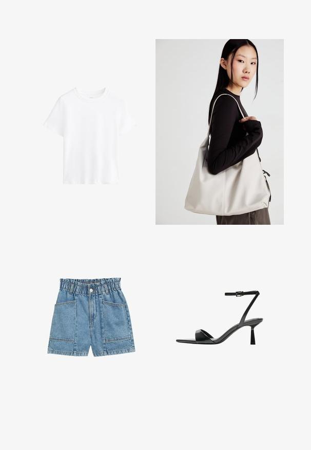Biela bavlnená tričko, krátke rukávy, kulatý výstrih, voľný strih, hladká textúra, žiadne vzory ani akcenty, jednoduchý dizajn, všestranný štýl.; Džínové šortky s elastickým pásom, svetlomodrej farby, štyrmi vreckami a viditeľným stehom pozdĺž švov.; Bershka Sandále na vysokom opätku - black; Béžová kabelka vyrobená z mäkkého materiálu, s uvoľneným dizajnom, prišitými detailmi a dvoma popruhmi na nosenie na pleciach. Vhodná na každodenné nosenie.