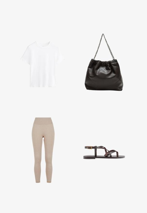 Bela bombažna majica, kratke rokave, okroglo izrezovanje, sproščen kroj, gladka tekstura, brez vzorcev ali dodatkov, preprost dizajn, vsestranski slog.; Bež ribane leggingse z visokim pasom, izdelane iz mehke, raztegljive tkanine za udobje in svobodo gibanja.; Rjav usnjen sandal z načinom prečnega črta, zaklepom okoli gležnja in ravnim podplatom z minimalnimi šivi.; Rjava usnjena torba z nabranim vrhom in verižnim trakom. Gladka tekstura z sijajno površino in subtilnimi šivi na straneh.