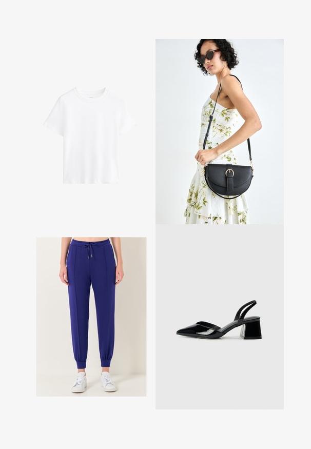 Witte katoenen t-shirt, korte mouwen, ronde halslijn, relaxte pasvorm, gladde textuur, geen patronen of accenten, eenvoudig ontwerp, veelzijdige stijl.; Jimmy Key HIGH WAIST JOGGER - Trainingsbroek - purple; Zwarte gepatineerde leren slingback hakken met een spitse neus en een geometrische blokhak. Kenmerkt zich door een slank, minimalistisch ontwerp en een gladde textuur.; Zwarte leren handtas met een gebogen vorm, afneembare schouderband en gouden hardware. De tas heeft een klep met een gespsluiting.