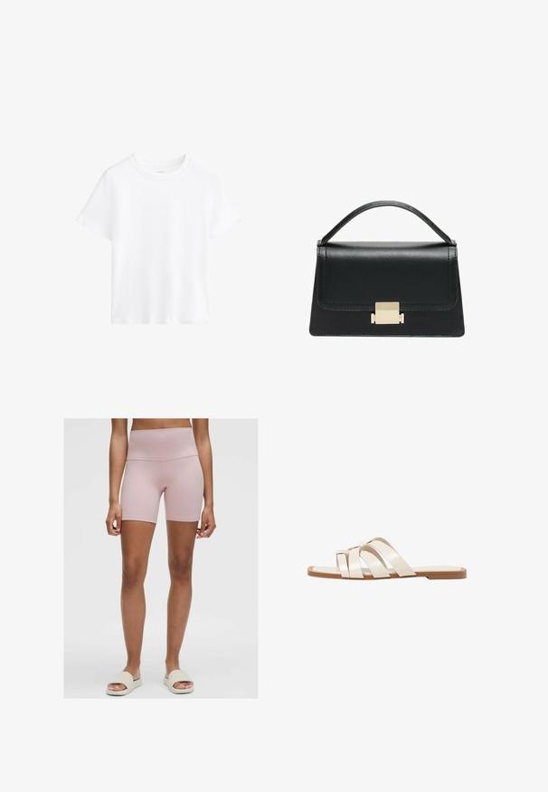 T-shirt bianco in cotone, maniche corte, scollatura rotonda, vestibilità comoda, texture liscia, senza fantasie o dettagli, design semplice, stile versatile.; Shorts da bici a vita alta di colore rosa chiaro, realizzati in tessuto elastico. Presentano una texture liscia e un design aderente, raggiungendo la lunghezza a metà coscia.; Infradito con suola in gomma color talpa, progettate con tre cinturini in pelle bianca sovrapposti e un piccolo dettaglio a fiocco al centro.; Borsa a tracolla in pelle nera con design strutturato, manico superiore e dettaglio in metallo dorato sulla parte frontale. Texture liscia, cuciture minime.