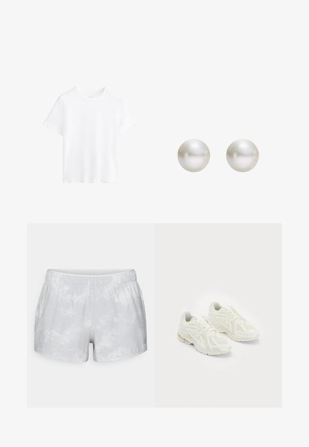 Bela bombažna majica, kratke rokave, okroglo izrezovanje, sproščen kroj, gladka tekstura, brez vzorcev ali dodatkov, preprost dizajn, vsestranski slog.; New Balance PRINTED SHORT - Športne kratke hlače - grey matter; Beli športni copati iz mrežastih in sintetičnih materialov, z vezalkami, oblazinjenim ovratnikom in strukturiranim podplatom za oprijem. Lahka konstrukcija.; Beline náušnice iz bele bisere, okruglog oblika, glatke površine, sjajnog finiša, minimalističkog dizajna, prikazane kao par na jedinstvenoj pozadini.