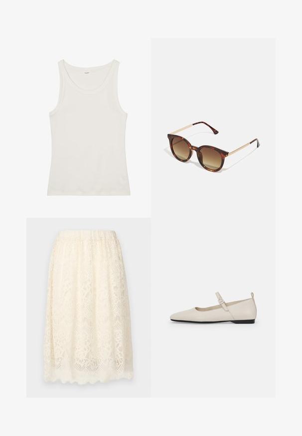 Top din bumbac alb, fără mâneci, cu un decolteu larg și bretele subțiri. Textură netedă, fără modele sau embellismente vizibile.; Fustă din dantelă de culoare crem, cu un model floral texturat, talie elastică și tiv ondulat pentru un plus de detaliu.; Baletă din piele albă, cu vârf ascuțit, cataramă pe lateral și toc mic negru. Textură netedă și design minimalist.; Ochelari de soare din material țestoasă cu lentile degrade maro, formă rotundă și accente metalice aurii pe brate.