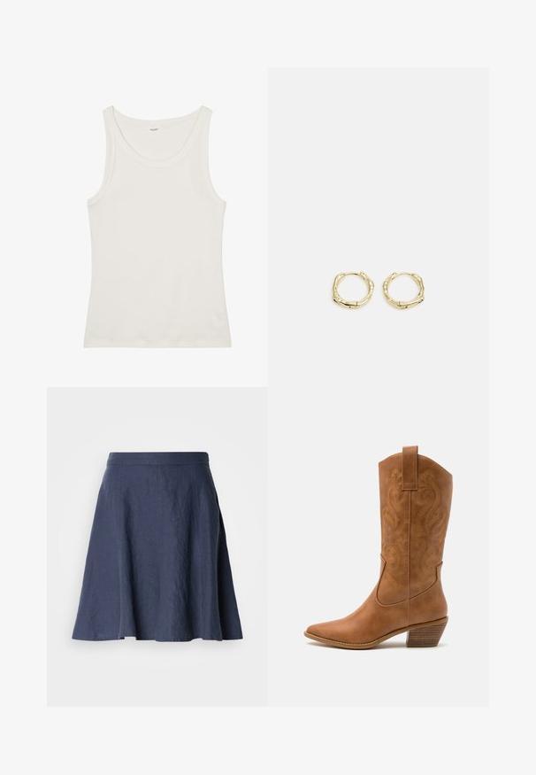 Valge puuvillane top, millel on lai kaelus ja õhukesed õlavarre rihmad. Sile tekstuur ilma nähtavate mustrite või kaunistusteta.; Tumedal sinise linane seelik, millel on laienev disain, kerge tekstuur, keskmise pikkusega lõige ja õmblustega kaunistatud servad.; Kohvitooni nahast cowboy-kork, millel on terav varvas, tikitud keerised varrel ja virnastatud ploki konts. Omab tõmbeava, et seda oleks lihtne jalga panna.; Kuldsete rõngaskõrvarõngaste tekstuuriga, ebakorrapärane kuju. Omab sujuvat lukustust ja poleeritud pinnatöötlust, rõhutades kaasaegset disaini.