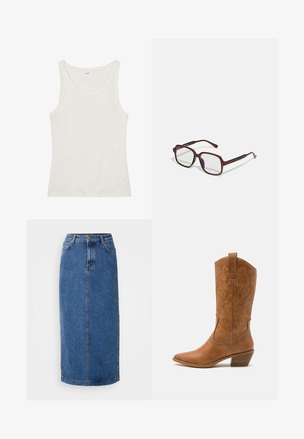 Bela bombažna majica brez rokavov z širokim izrezom in tankimi naramnicami. Gladka tekstura brez vidnih vzorcev ali okraskov.; Denim krilo, do kolen, modre barve, ravne krojne linije. Ima sprednje žepke, zanke za pas in kontrastno šivanje na šivih. Gladka tekstura.; Rjavi usnjeni kauboj čevlji s koničastim nosom, vezenimi vijugastimi vzorci na zgornjem delu in zloženim kvadratnim peto. Imajo zanko za enostavno obuvanje.; Rjave, pravokotne očala z prosojnimi lečami in vijoličnimi odtenki. Gladek plastičen okvir z ravnimi steblami in subtilnimi detajli.; Srebrne uhane v obliki obroča z minimalističnim dizajnom. Krožna oblika, gladka tekstura in tanek profil. Lahki s poliranim zaključkom.