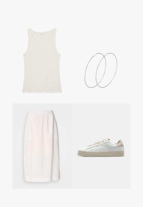 Débardeur en coton blanc avec un col large et de fines bretelles. Texture lisse sans motifs ni embellissements visibles.; Jupe beige clair en tissu doux, dotée d'une taille élastique et d'une silhouette droite. Texture lisse sans motifs visibles.; Sneaker en cuir blanc avec une finition lisse, accents en suède beige, bout arrondi, design à lacets plats et semelle en caoutchouc texturée.; Boucles d'oreilles en argent au design minimaliste. Forme circulaire, texture lisse et profil fin. Légères avec une finition polie.