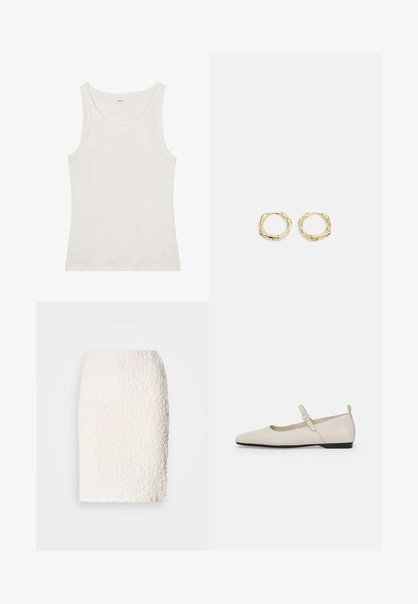 Fehér pamut ujjatlan felső széles nyakkivágással és vékony pántokkal. Sima felület, látható minták vagy díszítések nélkül.; Fehér, textúrált ceruzaszoknya enyhén bolyhos felülettel, térd hosszúságú, testhez álló fazonnal, látható zárások vagy díszítések nélkül.; Fehér bőr Mary Jane lapos cipők, hegyes orral, oldalsó csattal és alacsony fekete sarokkal. Simás textúra és minimalista dizájn.; Arany karika fülbevalók текстúrált, szabálytalan formában. Zárása zökkenőmentes, felülete fényes, ami egy modern dizájnt hangsúlyoz.