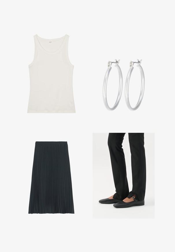 Bela bombažna majica brez rokavov z širokim izrezom in tankimi naramnicami. Gladka tekstura brez vidnih vzorcev ali okraskov.; Suknja midi z naborki v temno sivi barvi z elastiko v pasu. Ima vertikalne naborke po celotni dolžini za teksturo in pretok. Gladka tekstura tkanine.; Črne usnjene balerinke s koničastim nosom, trak z srebrno zaponko, v kombinaciji s črnimi elegantnimi hlačami z razporkom na robu.; Srebrni obroči za ušesa z gladko, polirano površino. Okrogla oblika in varna zaponka s klikom. Lahka zasnova, primerna za vsakodnevno nošenje.