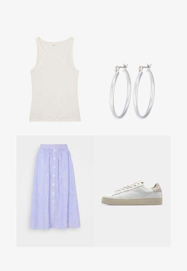 Weißes Baumwolltanktop mit weitem Ausschnitt und dünnen Schulterträgern. Glatte Textur ohne sichtbare Muster oder Verzierungen.; Hellblau und weiße gestreifte Midilänge-Rock, mit gerafftem Bund, Knopfverschluss und subtiler Textur.; Weiße Leder-Sneaker mit glatter Oberfläche, beigen Wildleder-Akzenten, runder Zehenpartie, flachem Schnürdesign und einer strukturierten Gummisohle.; Silberne Creolen mit einer glatten, polierten Oberfläche. Runder Form und sicherem Klickverschluss. Leichtes Design, geeignet für den täglichen Gebrauch.