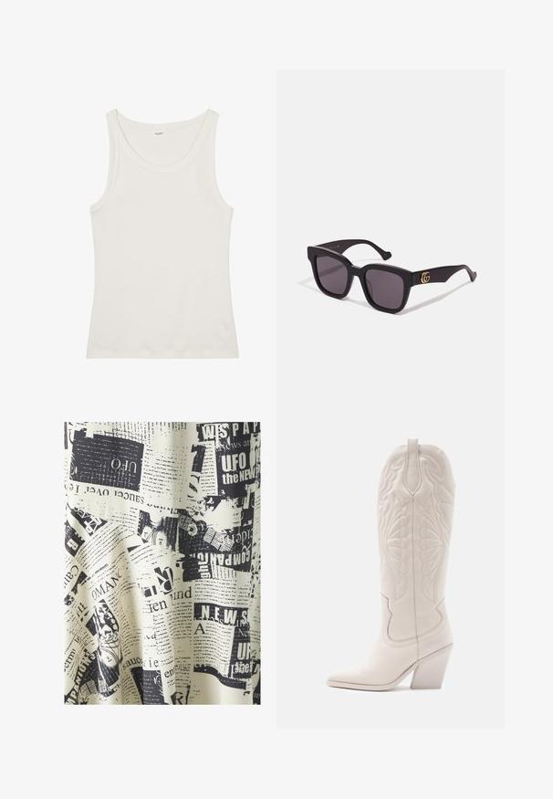 Bílý bavlněný top bez rukávů s širokým výstřihem a tenkými ramínky. Hladká textura bez viditelných vzorů nebo ozdob.; SOMETHINGNEW SIMONE CALF SKIRT - Maxi sukně - whitecap/gray; Bílé kožené kovbojské boty s špičatou špičkou a blokovaným podpatkem. Nabízí složité vyšívací vzory na hrdle a hladkou texturu.; Černé sluneční brýle ve tvaru čtverce s tmavými skly, zdobené zlatými logovými akcenty na spáncích a matným povrchem. Úhlový design pro odvážný vzhled.