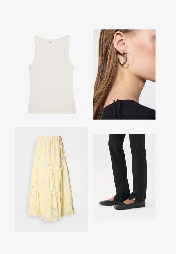 White cotton tank top with a wide neckline and thin shoulder straps. Smooth texture with no visible patterns or embellishments.; Yellow, tiered skirt made of lightweight fabric, featuring floral patterns and circular cutouts. Elastic waistband and lace trim at hem.; Black leather ballet flats with a pointed toe, strap with silver buckle, paired with black tailored pants featuring a slit hem.; Silver hoop earring with a polished finish, featuring small gold accent details and a round shape, worn on the lobe.
