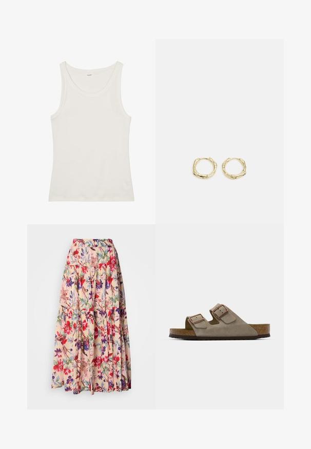 Bela bombažna majica brez rokavov z širokim izrezom in tankimi naramnicami. Gladka tekstura brez vidnih vzorcev ali okraskov.; Cvečni maksi krilo z elastičnim pasom, z bež ozadjem in živahnimi rdečimi, vijoličnimi ter zelenimi cvetličnimi vzorci; s plastmi.; Semišne natikače v svetlo sivi barvi z dvema nastavljivima zaponkama, plitvim srednjim podplatom iz plutovine in teksturiranim gumijastim podplatom.; Zlate obročaste uhane z teksturirano, nepravilno obliko. Imajo brezšivno zapiranje in poliširano površinsko obdelavo, kar poudarja sodoben dizajn.