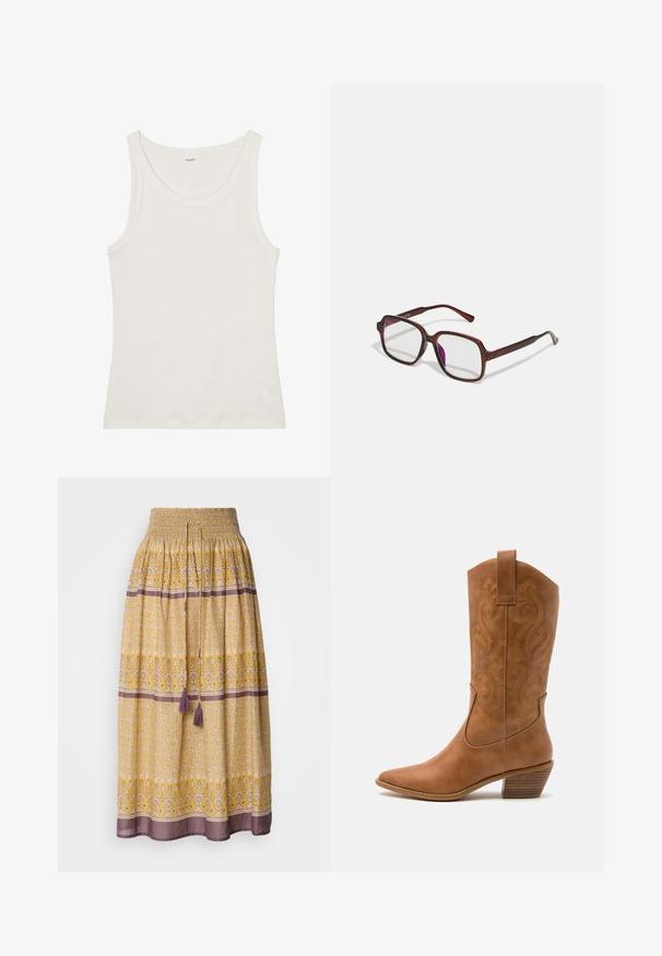 Valkoinen puuvillainen hihaton paita, jossa on leveä pääntie ja ohuet olkaimet. Sileä pinta ilman näkyviä kuvioita tai koristeita.; Keltainen maksihame, jossa on smockattu vyötärö, valkoisia ja purppuranvärisiä kukka- ja geometrisia kuvioita, ja vyötäröllä on kaksi purppuraa tupsua.; Ruskean nahkainen cowboy-saapas, jossa on terävä kärki, brodeeratut pyörteiset kuviot varressa ja kerroslohko korko. Varustettu nostonipulla helpottamaan pukemista.; Ruske, rektangulære briller med transparente linser og lilla toner. Glatt plastisk ramme med rette stenger og subtile detaljer.; Hope-silver rengas, joissa on sileä ja kiillotettu pinta. Pyöreä muoto ja turvallinen napsautettava lukitus. Kevyt muotoilu sopii päivittäiseen käyttöön.