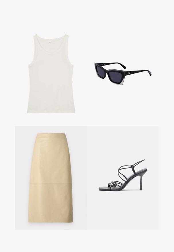 White cotton tank top with a wide neckline and thin shoulder straps. Smooth texture with no visible patterns or embellishments.; Beige leather pencil skirt with a smooth texture, mid-length silhouette, and minimalistic design. Features a seam detail at the center.; Black high-heeled sandals feature thin straps with a knotted design, a smooth square toe, and a sleek stiletto heel.; Black oversized sunglasses with a geometric shape, featuring dark lenses and a contrasting grey detail on the frame. Logo on the arm.; Silver metal earrings with a smooth, teardrop shape and a polished finish. Subtle engravings add detail. Minimalist design.