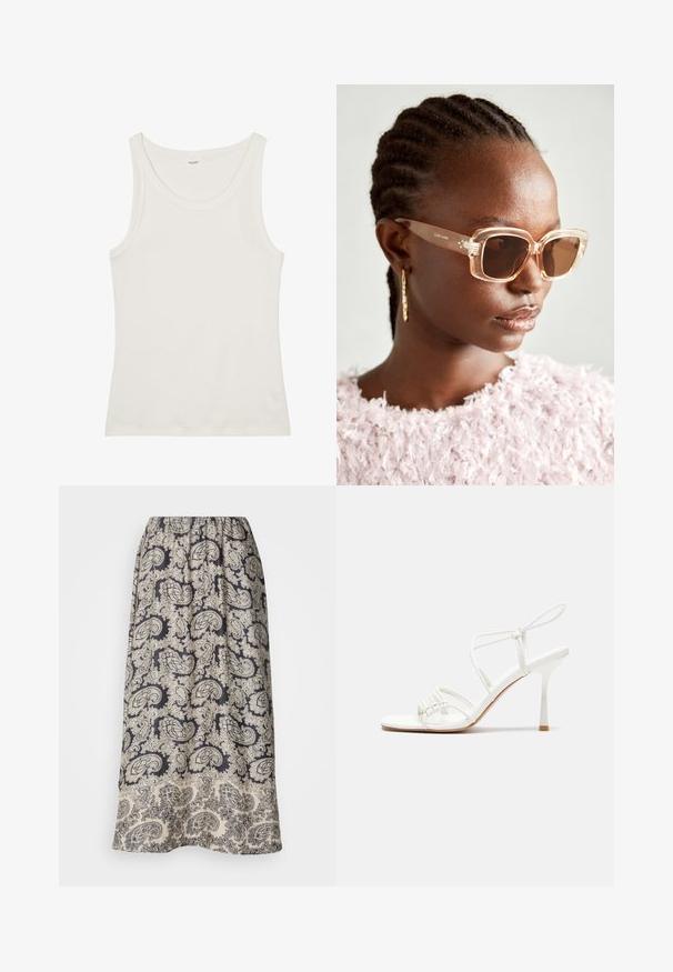 Weißes Baumwolltanktop mit weitem Ausschnitt und dünnen Schulterträgern. Glatte Textur ohne sichtbare Muster oder Verzierungen.; Luftiger Rock mit elastischem Bund, der einen navyblauen Grundton mit kunstvollen beigen Paisleymustern und floralen Akzenten zeigt. Weiches Material mit glatter Textur.; Weiße, geschnallte High-Heel-Sandalen mit flacher Zehenbasis, strukturiertem Vorderteil mit gerafften Akzenten und schlankem Knöchelriemen.; Beige übergroße Sonnenbrille mit klarem Rahmen und braun getönten Gläsern, die subtile florale Akzente und ein mutiges, geometrisches Design aufweist.