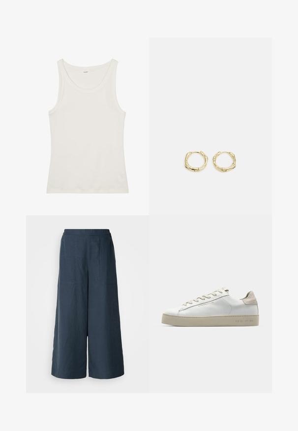 White cotton tank top with a wide neckline and thin shoulder straps. Smooth texture with no visible patterns or embellishments.; Wide-leg trousers in navy blue, made from lightweight fabric. Features a slightly textured surface, elastic waistband, and front seams.; White leather sneaker with a smooth finish, beige suede accents, round toe, flat lace-up design, and a textured rubber sole.; Gold hoop earrings with a textured, irregular shape. Features a seamless closure and a polished surface finish, emphasizing a modern design.