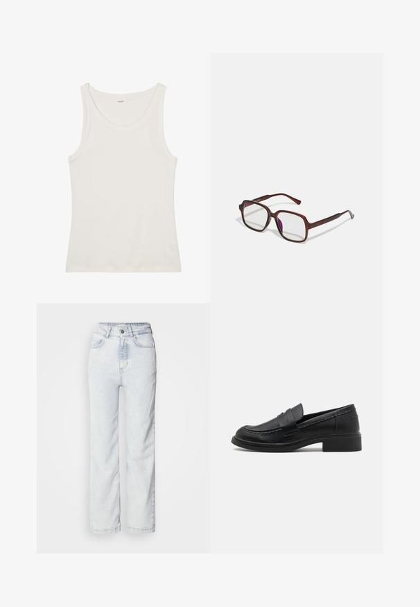 Fehér pamut ujjatlan felső széles nyakkivágással és vékony pántokkal. Sima felület, látható minták vagy díszítések nélkül.; Világoskék, magas derekú farmernadrág, egyenes szárú fazonnal, denimből készült. Gombos zipzárral, öt zsebes kialakítással és finoman elhalványodott textúrával rendelkezik.; Fekete bőrcipők lekerekített orral, varrott díszítéssel és alacsony blokk sarkal. Simább textúra, könnyen felhúzható kivitel.; Barna, téglalap alakú szemüveg áttetsző lencsékkel és lila árnyalattal. Simító műanyag keret, egyenes szárakkal és diszkrét díszítésekkel.